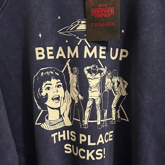 NWT Stranger Things x Primark Beam Me Up Blue Graphic Crewneck Sweatshirt - Picture 4 of 4